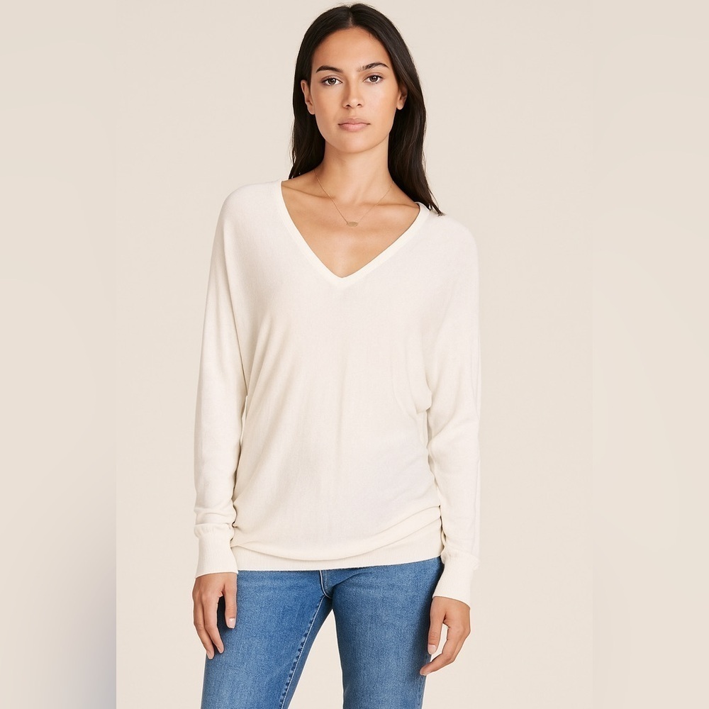 Minnie Rose Silk V Neck Sweater XS White Coastal Minimal Chic Quiet Luxury Cozy